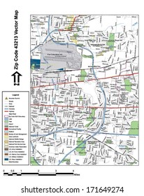Vector map with summits, rivers, railroads, streets, lakes, parks, airports, stadiums, correctional facilities, military installations and federal lands by zip code 43213 with labels and clean layers.