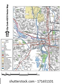 Vector map with summits, rivers, railroads, streets, lakes, parks, airports, stadiums, correctional facilities, military installations and federal lands by zip code 43215 with labels and clean layers.
