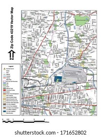 Vector map with summits, rivers, railroads, streets, lakes, parks, airports, stadiums, correctional facilities, military installations and federal lands by zip code 43219 with labels and clean layers.