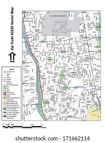 Vector map with summits, rivers, railroads, streets, lakes, parks, airports, stadiums, correctional facilities, military installations and federal lands by zip code 43220 with labels and clean layers.