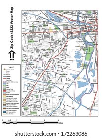 Vector map with summits, rivers, railroads, streets, lakes, parks, airports, stadiums, correctional facilities, military installations and federal lands by zip code 43223 with labels and clean layers.