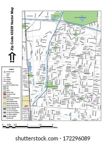 Vector map with summits, rivers, railroads, streets, lakes, parks, airports, stadiums, correctional facilities, military installations and federal lands by zip code 43229 with labels and clean layers.