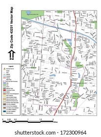 Vector map with summits, rivers, railroads, streets, lakes, parks, airports, stadiums, correctional facilities, military installations and federal lands by zip code 43231 with labels and clean layers.