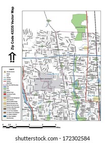 Vector map with summits, rivers, railroads, streets, lakes, parks, airports, stadiums, correctional facilities, military installations and federal lands by zip code 43235 with labels and clean layers.