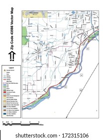 Vector map with summits, rivers, railroads, streets, lakes, parks, airports, stadiums, correctional facilities, military installations and federal lands by zip code 43566 with labels and clean layers.
