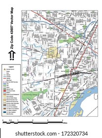 Vector map with summits, rivers, railroads, streets, lakes, parks, airports, stadiums, correctional facilities, military installations and federal lands by zip code 43607 with labels and clean layers.