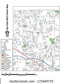 Vector map with summits, rivers, railroads, streets, lakes, parks, airports, stadiums, correctional facilities, military installations and federal lands by zip code 43613 with labels and clean layers.