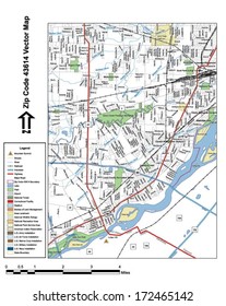Vector map with summits, rivers, railroads, streets, lakes, parks, airports, stadiums, correctional facilities, military installations and federal lands by zip code 43614 with labels and clean layers.