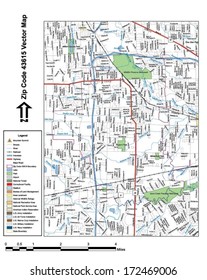 Vector map with summits, rivers, railroads, streets, lakes, parks, airports, stadiums, correctional facilities, military installations and federal lands by zip code 43615 with labels and clean layers.