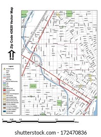 Vector map with summits, rivers, railroads, streets, lakes, parks, airports, stadiums, correctional facilities, military installations and federal lands by zip code 43620 with labels and clean layers.