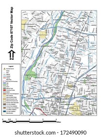 Vector map with summits, rivers, railroads, streets, lakes, parks, airports, stadiums, correctional facilities, military installations and federal lands by zip code 87107 with labels and clean layers.