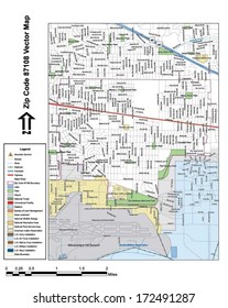 Vector map with summits, rivers, railroads, streets, lakes, parks, airports, stadiums, correctional facilities, military installations and federal lands by zip code 87108 with labels and clean layers.