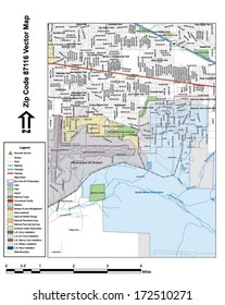 Vector map with summits, rivers, railroads, streets, lakes, parks, airports, stadiums, correctional facilities, military installations and federal lands by zip code 87116 with labels and clean layers.