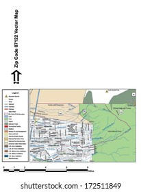 Vector map with summits, rivers, railroads, streets, lakes, parks, airports, stadiums, correctional facilities, military installations and federal lands by zip code 87122 with labels and clean layers.