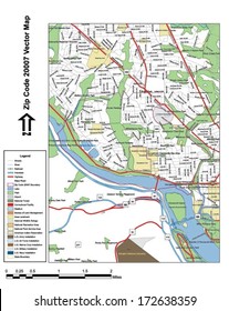 Vector map with summits, rivers, railroads, streets, lakes, parks, airports, stadiums, correctional facilities, military installations and federal lands by zip code 20007 with labels and clean layers.