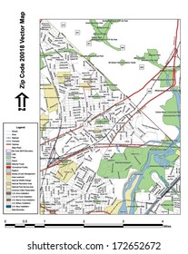 Vector map with summits, rivers, railroads, streets, lakes, parks, airports, stadiums, correctional facilities, military installations and federal lands by zip code 20018 with labels and clean layers.
