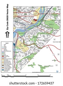 Vector map with summits, rivers, railroads, streets, lakes, parks, airports, stadiums, correctional facilities, military installations and federal lands by zip code 20020 with labels and clean layers.