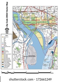 Vector map with summits, rivers, railroads, streets, lakes, parks, airports, stadiums, correctional facilities, military installations and federal lands by zip code 20024 with labels and clean layers.