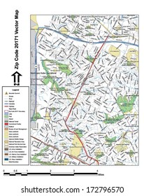 Vector map with summits, rivers, railroads, streets, lakes, parks, airports, stadiums, correctional facilities, military installations and federal lands by zip code 20171 with labels and clean layers.