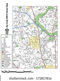 Vector map with summits, rivers, railroads, streets, lakes, parks, airports, stadiums, correctional facilities, military installations and federal lands by zip code 20814 with labels and clean layers.