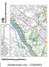 Vector map with summits, rivers, railroads, streets, lakes, parks, airports, stadiums, correctional facilities, military installations and federal lands by zip code 20816 with labels and clean layers.