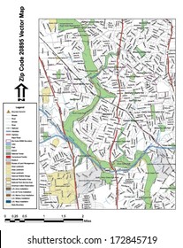 Vector Map With Summits, Rivers, Railroads, Streets, Lakes, Parks, Airports, Stadiums, Correctional Facilities, Military Installations And Federal Lands By Zip Code 20895 With Labels And Clean Layers.