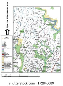 Vector map with summits, rivers, railroads, streets, lakes, parks, airports, stadiums, correctional facilities, military installations and federal lands by zip code 20905 with labels and clean layers.