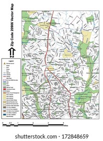 Vector map with summits, rivers, railroads, streets, lakes, parks, airports, stadiums, correctional facilities, military installations and federal lands by zip code 20906 with labels and clean layers.