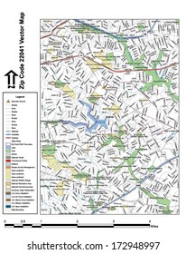 Vector map with summits, rivers, railroads, streets, lakes, parks, airports, stadiums, correctional facilities, military installations and federal lands by zip code 22041 with labels and clean layers.