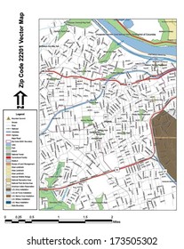 Vector map with summits, rivers, railroads, streets, lakes, parks, airports, stadiums, correctional facilities, military installations and federal lands by zip code 22201 with labels and clean layers.