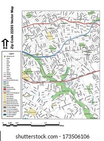 Vector map with summits, rivers, railroads, streets, lakes, parks, airports, stadiums, correctional facilities, military installations and federal lands by zip code 22203 with labels and clean layers.