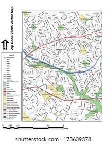 Vector map with summits, rivers, railroads, streets, lakes, parks, airports, stadiums, correctional facilities, military installations and federal lands by zip code 22205 with labels and clean layers.