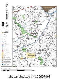 Vector map with summits, rivers, railroads, streets, lakes, parks, airports, stadiums, correctional facilities, military installations and federal lands by zip code 22206 with labels and clean layers.