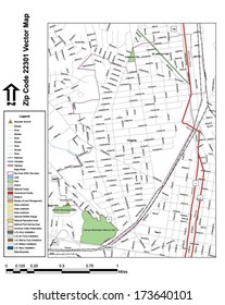 Vector map with summits, rivers, railroads, streets, lakes, parks, airports, stadiums, correctional facilities, military installations and federal lands by zip code 22301 with labels and clean layers.