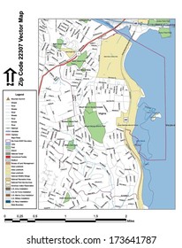 Vector map with summits, rivers, railroads, streets, lakes, parks, airports, stadiums, correctional facilities, military installations and federal lands by zip code 22307 with labels and clean layers.