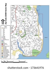 Vector map with summits, rivers, railroads, streets, lakes, parks, airports, stadiums, correctional facilities, military installations and federal lands by zip code 22308 with labels and clean layers.