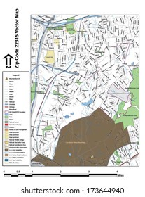 Vector map with summits, rivers, railroads, streets, lakes, parks, airports, stadiums, correctional facilities, military installations and federal lands by zip code 22315 with labels and clean layers.