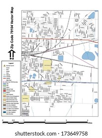 Vector map with summits, rivers, railroads, streets, lakes, parks, airports, stadiums, correctional facilities, military installations and federal lands by zip code 79104 with labels and clean layers.