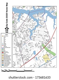 Vector map with summits, rivers, railroads, streets, lakes, parks, airports, stadiums, correctional facilities, military installations and federal lands by zip code 23325 with labels and clean layers.