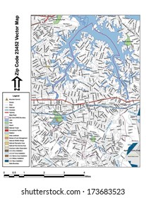 Vector map with summits, rivers, railroads, streets, lakes, parks, airports, stadiums, correctional facilities, military installations and federal lands by zip code 23452 with labels and clean layers.