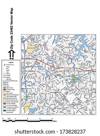 Vector map with summits, rivers, railroads, streets, lakes, parks, airports, stadiums, correctional facilities, military installations and federal lands by zip code 23462 with labels and clean layers.