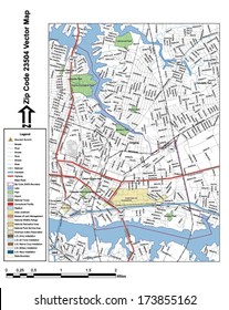 Vector map with summits, rivers, railroads, streets, lakes, parks, airports, stadiums, correctional facilities, military installations and federal lands by zip code 23504 with labels and clean layers.