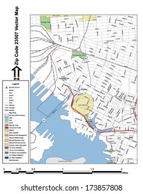 Vector map with summits, rivers, railroads, streets, lakes, parks, airports, stadiums, correctional facilities, military installations and federal lands by zip code 23507 with labels and clean layers.