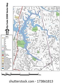 Vector map with summits, rivers, railroads, streets, lakes, parks, airports, stadiums, correctional facilities, military installations and federal lands by zip code 23509 with labels and clean layers.