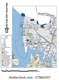 Vector map with summits, rivers, railroads, streets, lakes, parks, airports, stadiums, correctional facilities, military installations and federal lands by zip code 23511 with labels and clean layers.