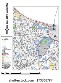 Vector map with summits, rivers, railroads, streets, lakes, parks, airports, stadiums, correctional facilities, military installations and federal lands by zip code 23518 with labels and clean layers.