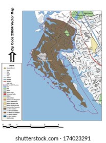 Vector map with summits, rivers, railroads, streets, lakes, parks, airports, stadiums, correctional facilities, military installations and federal lands by zip code 23604 with labels and clean layers.