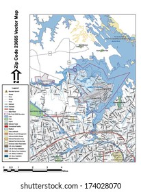Vector map with summits, rivers, railroads, streets, lakes, parks, airports, stadiums, correctional facilities, military installations and federal lands by zip code 23665 with labels and clean layers.