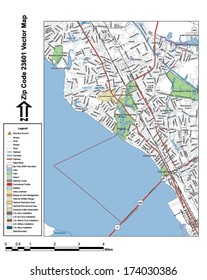 Vector map with summits, rivers, railroads, streets, lakes, parks, airports, stadiums, correctional facilities, military installations and federal lands by zip code 23601 with labels and clean layers.