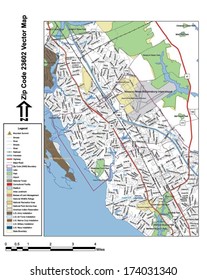 Vector map with summits, rivers, railroads, streets, lakes, parks, airports, stadiums, correctional facilities, military installations and federal lands by zip code 23602 with labels and clean layers.